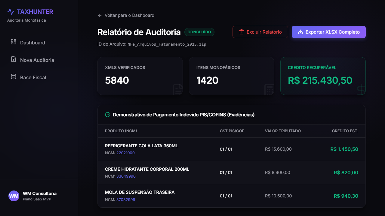 Resultados de auditoria do Tax Hunter